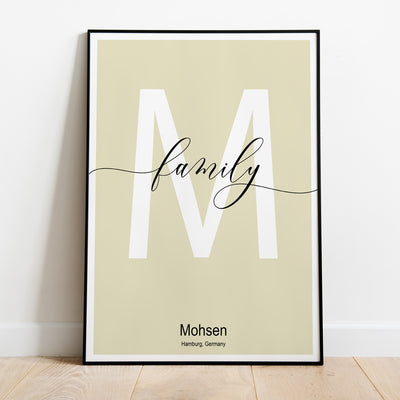 Buchstabe der Familie Poster mit Name und Widmung personalisierbar, latein Alphabet