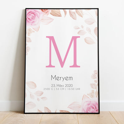 anfangsbuchstabe vorname nachname baby poster newborn geschenk idee personalisiert name datum uhrzeit mädchen